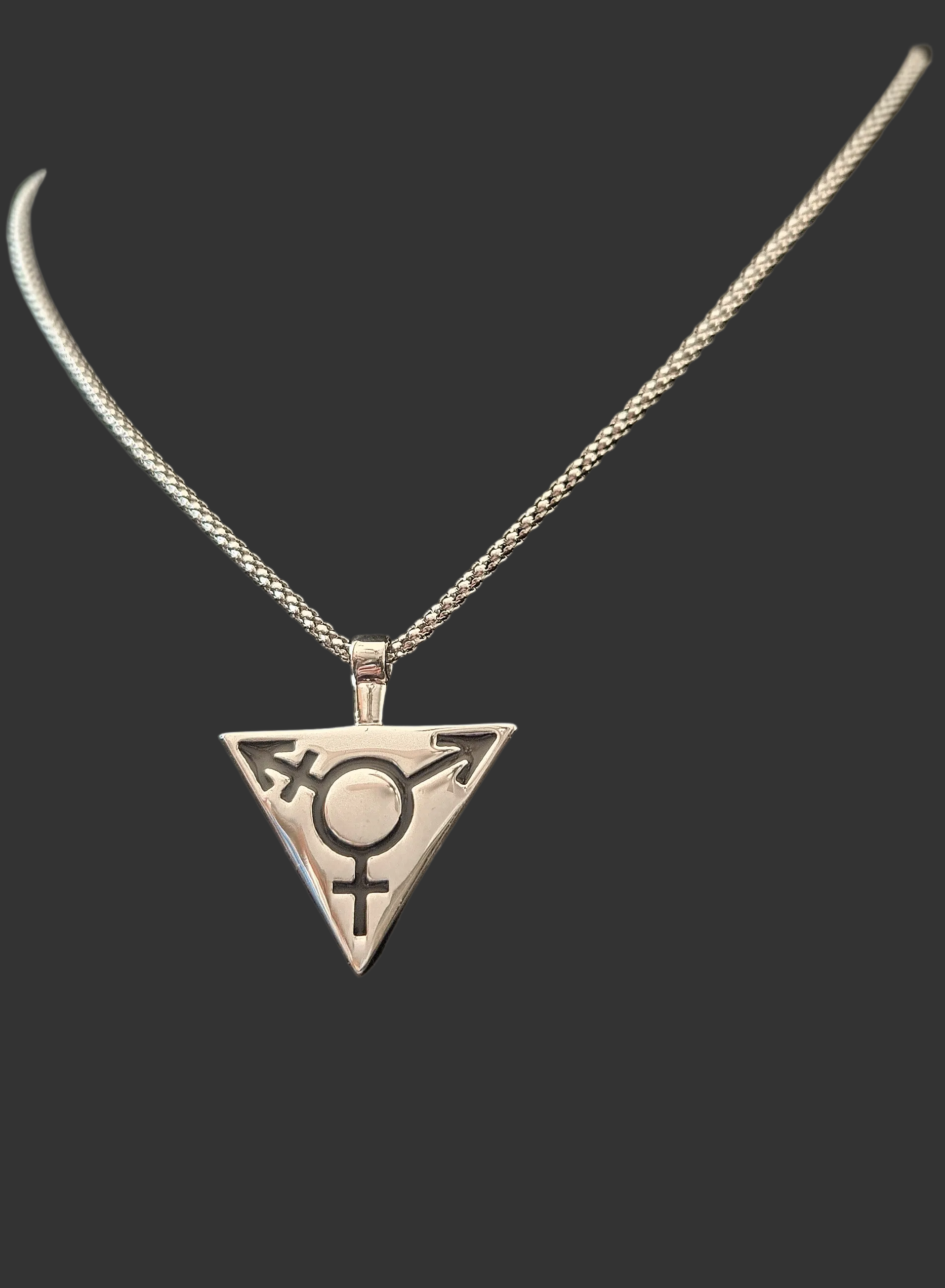Trans pride triangle pendant necklace with engraved transgender symbol on stainless steel chain, minimalist LGBTQ jewelry