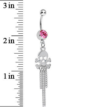 Pink Gem Rattling Chains Skull and Bones Dangle Belly Ring