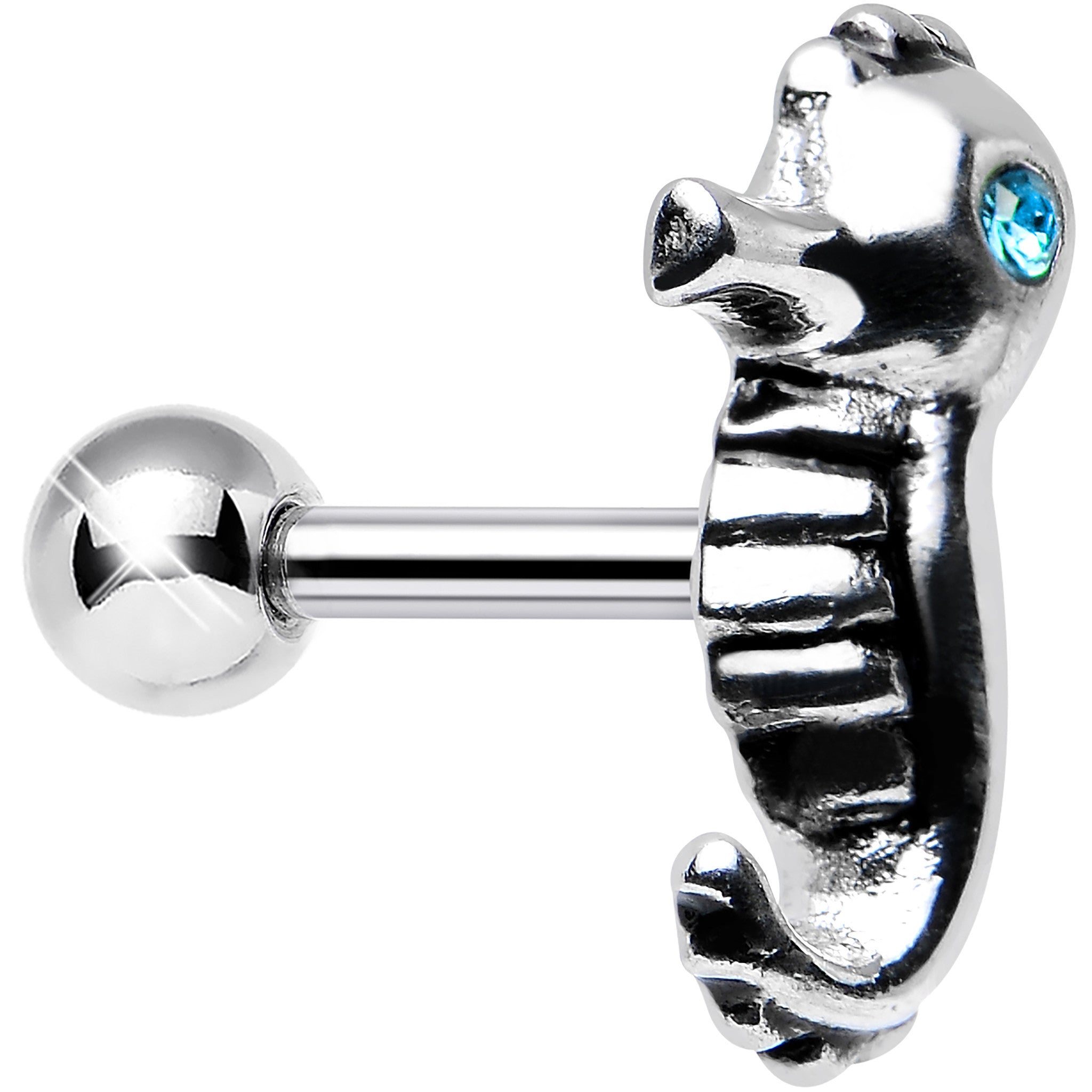 925 Sterling Silver Aqua Gem Solemn Seahorse Tragus Cartilage Earring