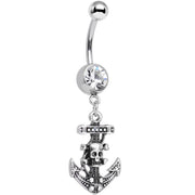Clear Gem Nautical Anchor and Skull Dangle Belly Ring