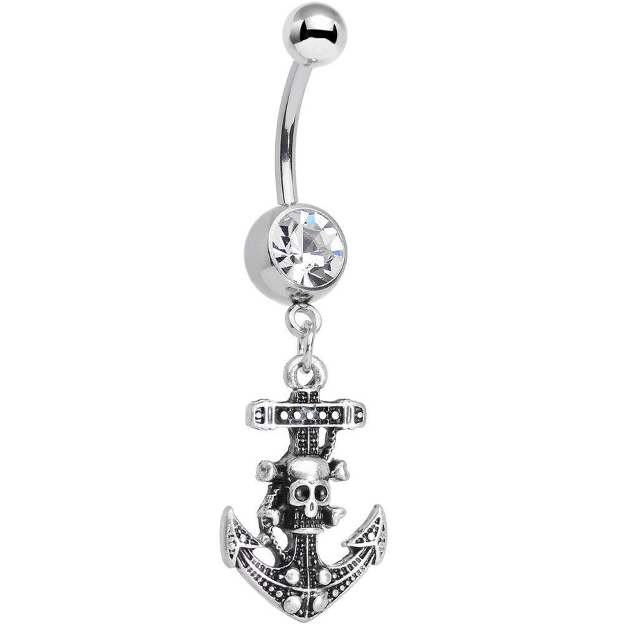 Clear Gem Nautical Anchor and Skull Dangle Belly Ring