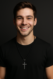 Black Beaded Cross Necklace – Sleek Gothic-Inspired Rosary Style