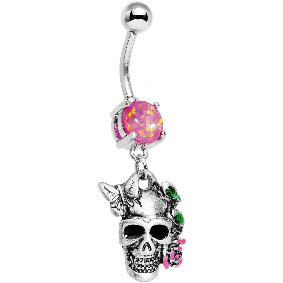 Pink Faux Opal Beautiful Butterfly Rose Flower Skull Dangle Belly Ring