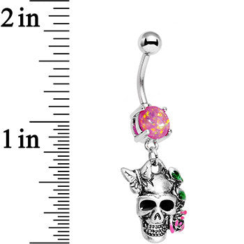Pink Faux Opal Beautiful Butterfly Rose Flower Skull Dangle Belly Ring