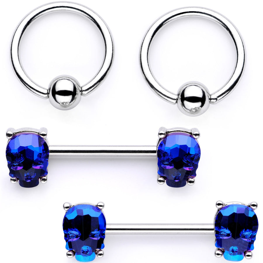 14G Blue Sugar Skull Captive Ring Barbell Nipple Ring Set