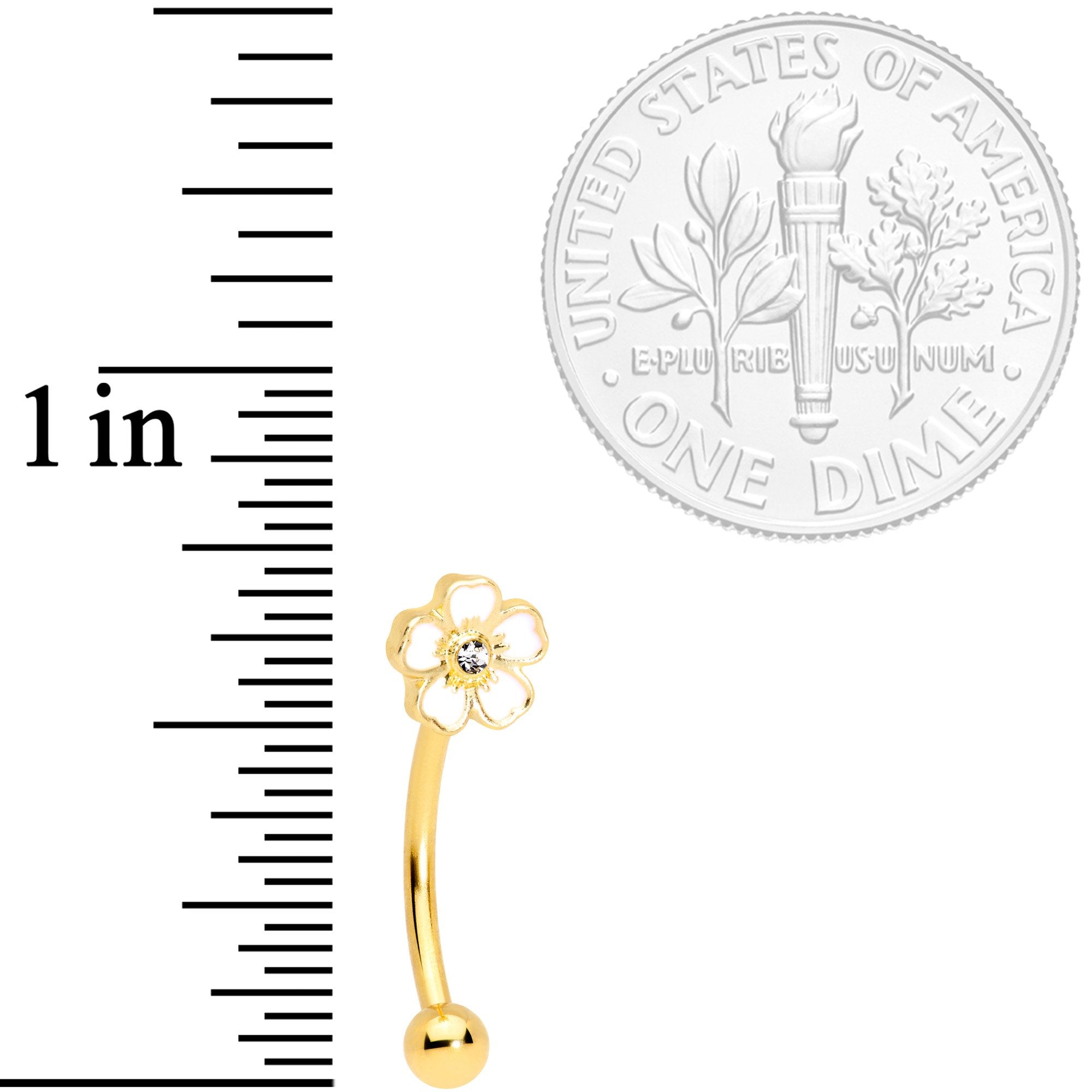 16G 3/8 Clear Gem Gold Tone White Flower Curved Eyebrow Ring