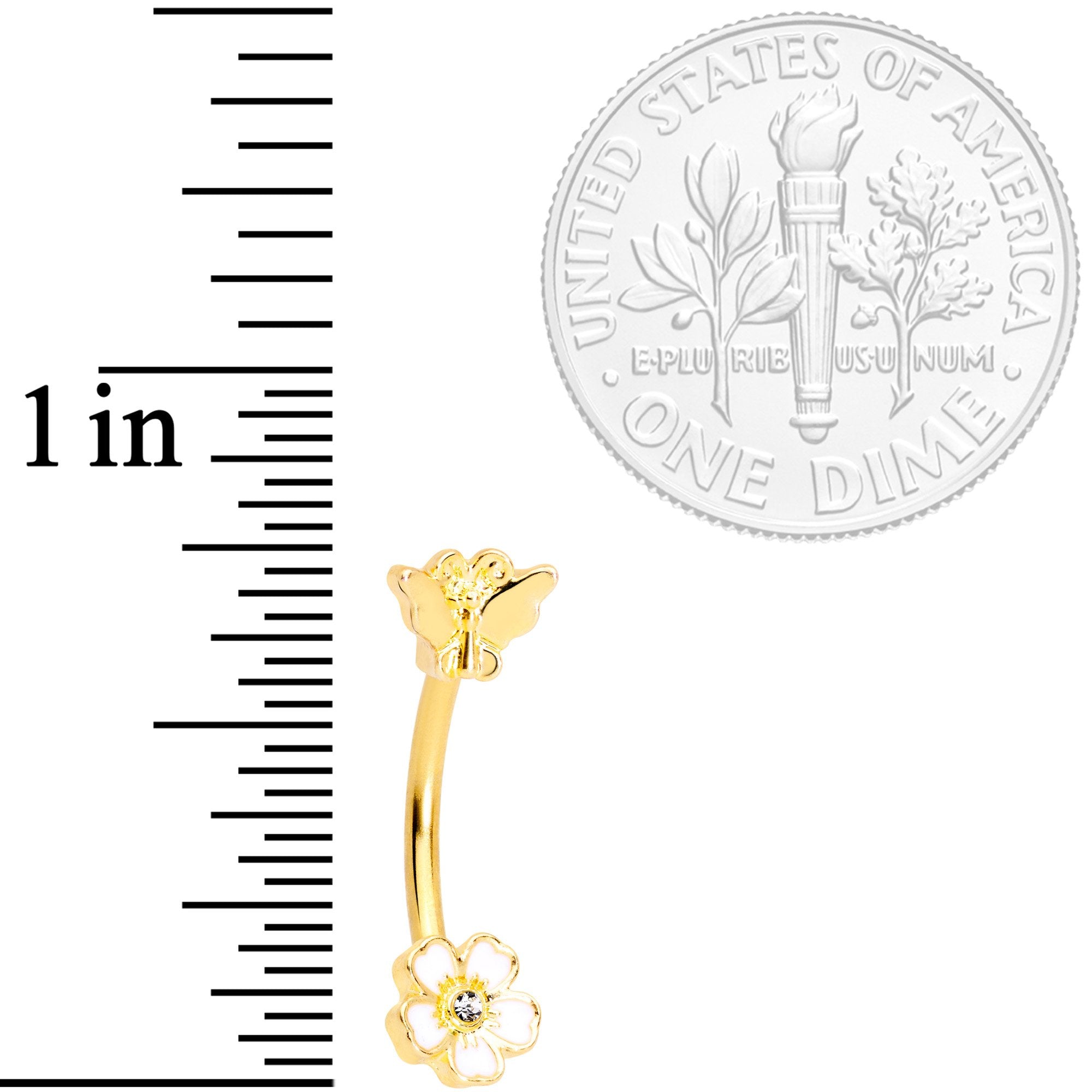 16G 3/8 Clear Gem Gold Tone White Posy Flower Curved Eyebrow Ring