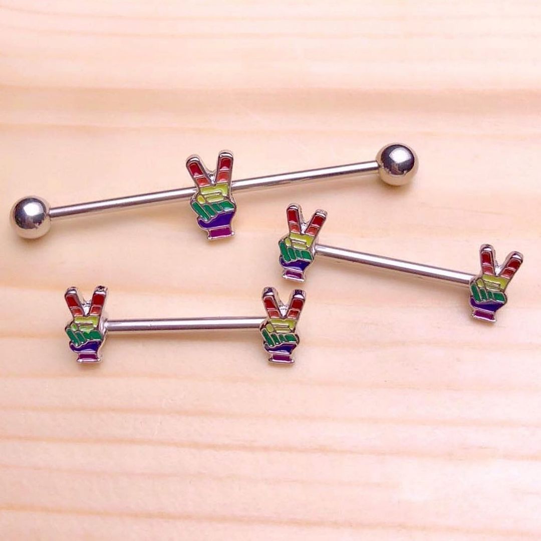 14G Pride Rainbow Peace Sign Industrial Barbell 38mm