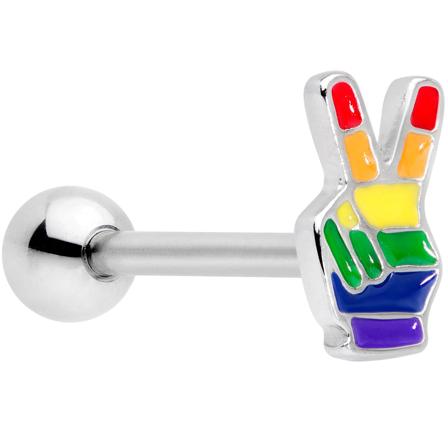 Gay Pride Rainbow Hand Peace Sign Barbell Tongue Ring