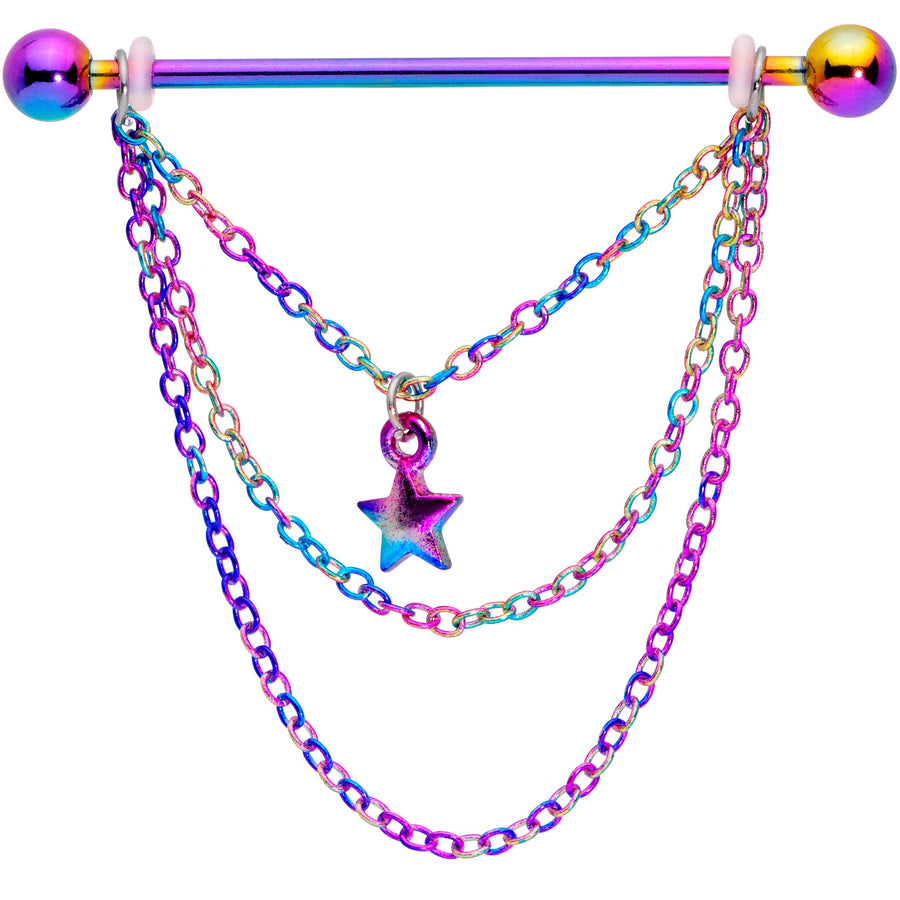 14G Rainbow Star Triple Chain Dangle Industrial Barbell 38mm