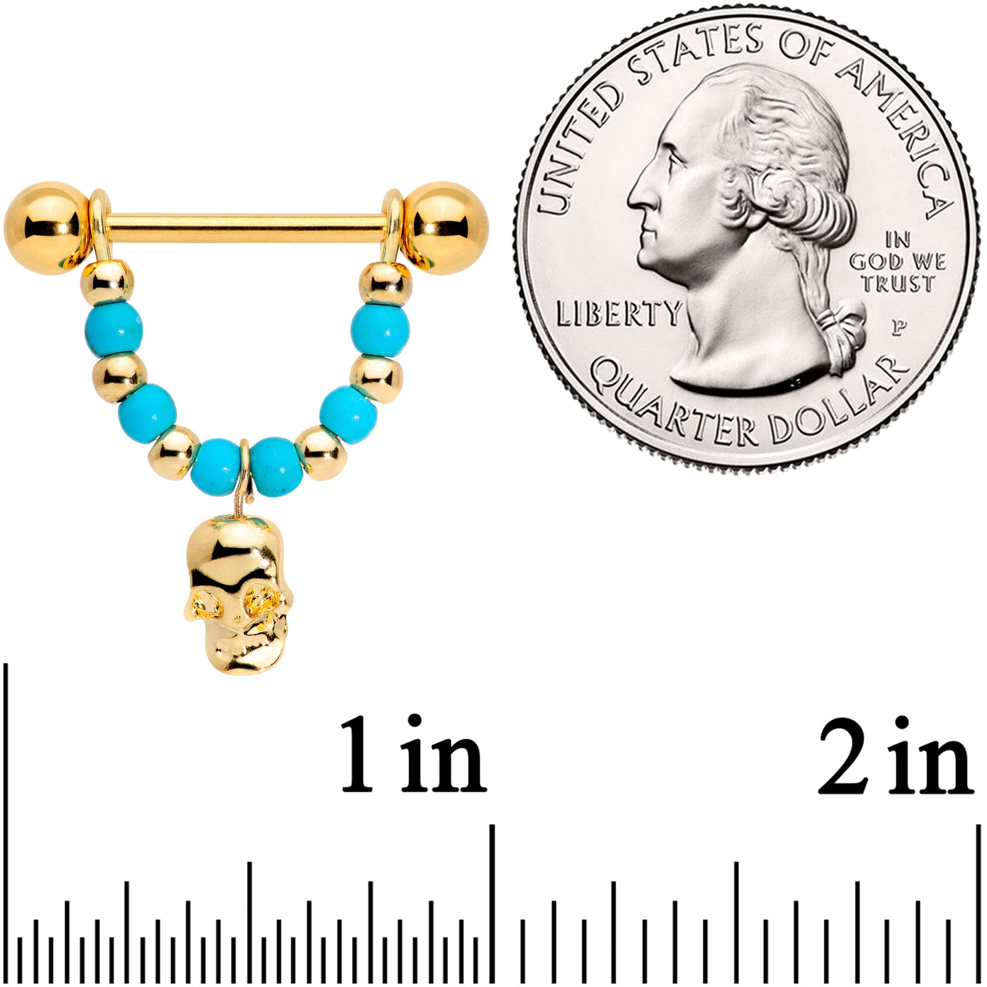 14G 5/8 Faux Turquoise Gold Tone Skull Dangle Nipple Ring Set