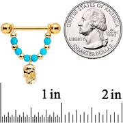 14G 5/8 Faux Turquoise Gold Tone Skull Dangle Nipple Ring Set