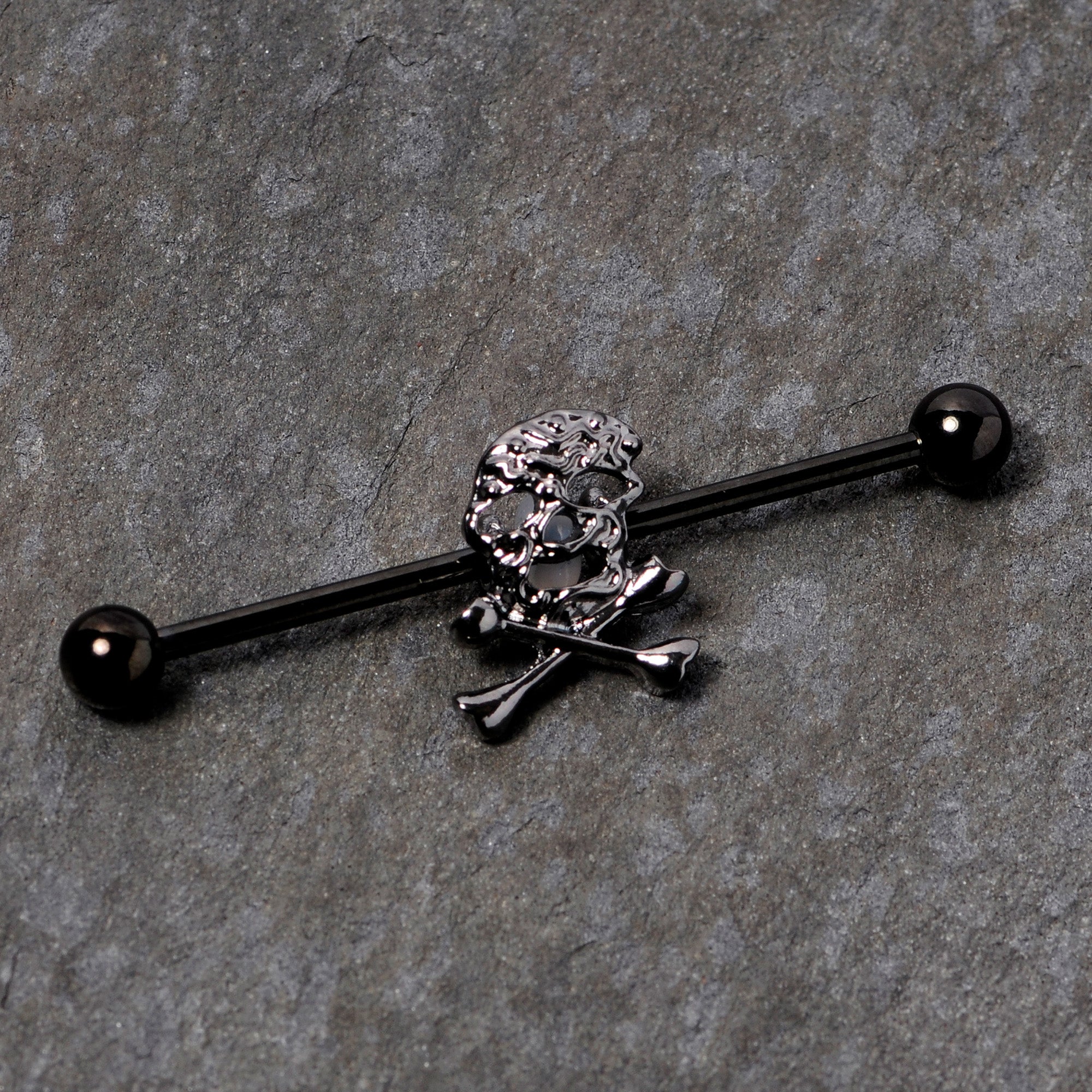 14G Black Skull and Crossbones Halloween Industrial Barbell 38mm