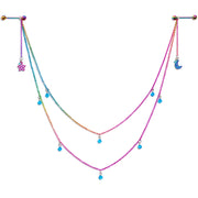 14G 5/8 Blue Gem Rainbow Moon Star Double Dangle Nipple Chain