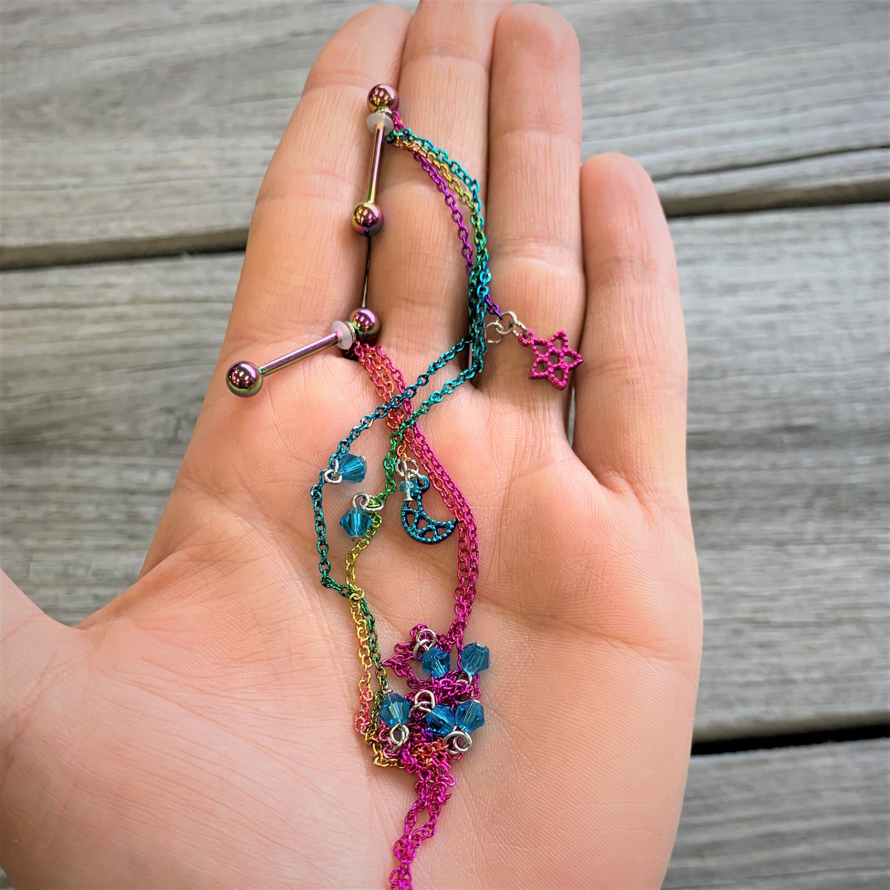 14G 5/8 Blue Gem Rainbow Moon Star Double Dangle Nipple Chain