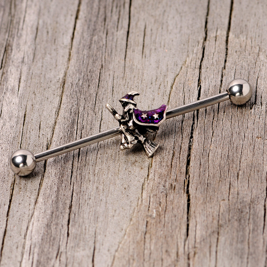 14G Purple Witch Broom Halloween Industrial Barbell 38mm