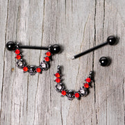 14G 5/8 Red Clear Gem Black Skull Rose Dangle Nipple Ring Set