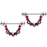 14G 5/8 Red Clear Gem Halloween Skull Rose Dangle Nipple Ring Set