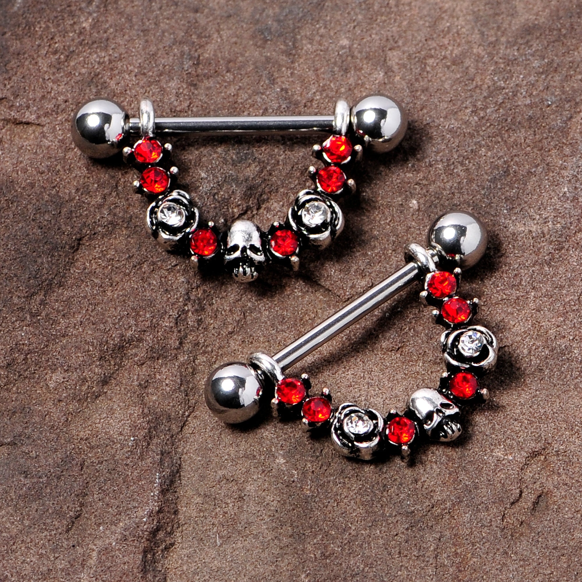 14G 5/8 Red Clear Gem Halloween Skull Rose Dangle Nipple Ring Set