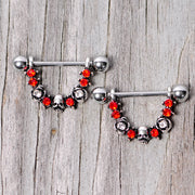 14G 5/8 Red Clear Gem Halloween Skull Rose Dangle Nipple Ring Set
