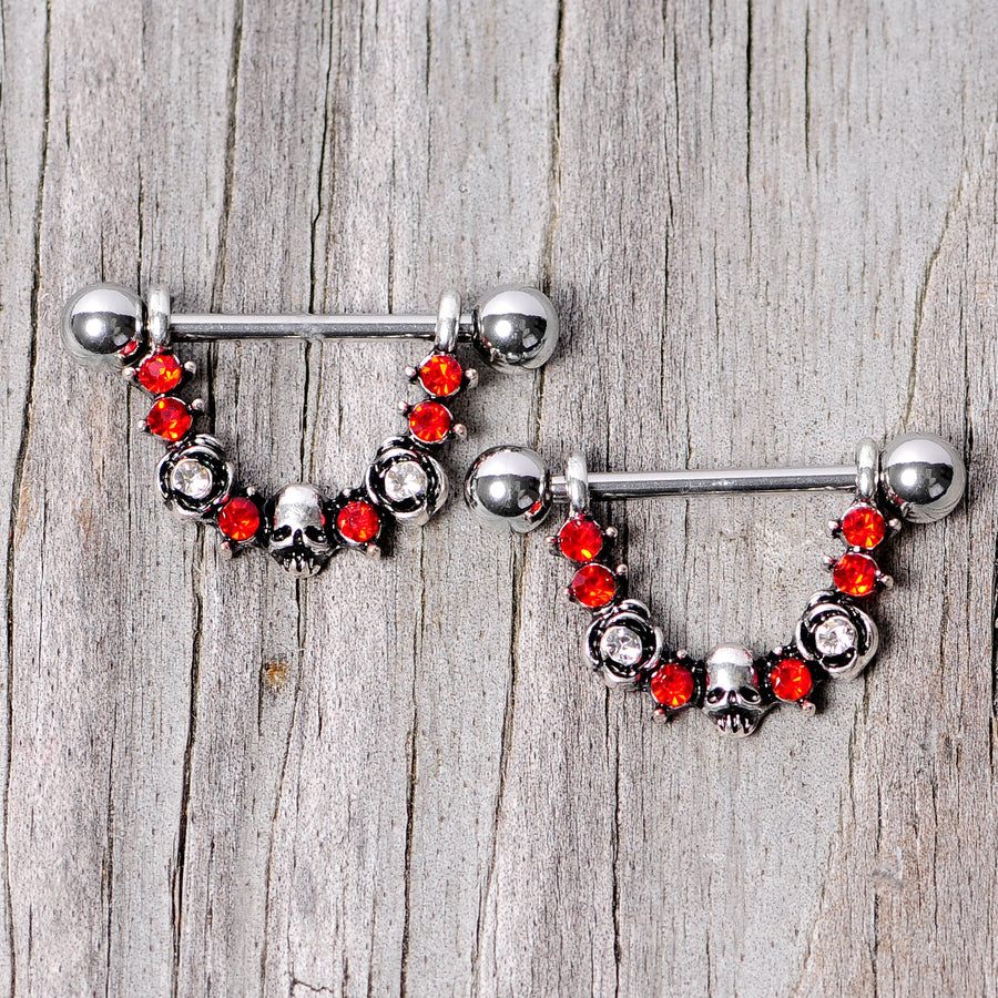 14G 5/8 Red Clear Gem Halloween Skull Rose Dangle Nipple Ring Set