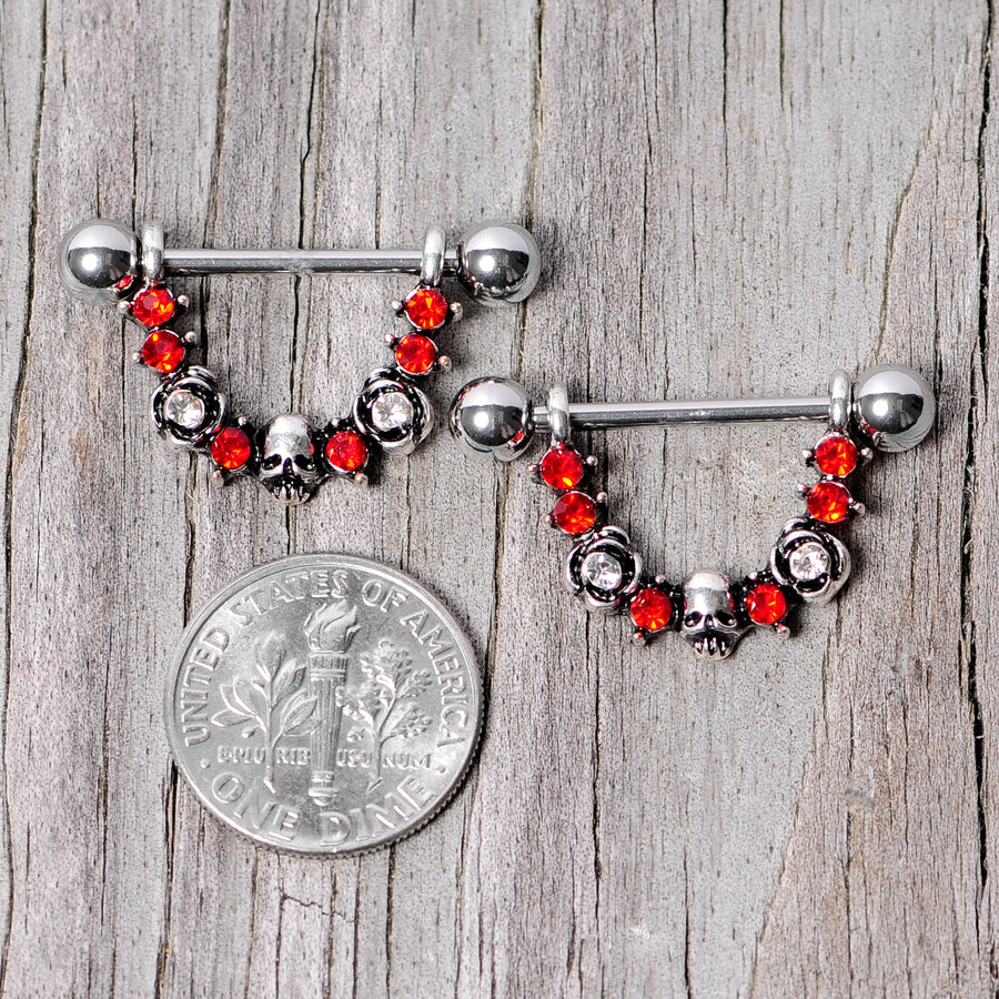 14G 5/8 Red Clear Gem Halloween Skull Rose Dangle Nipple Ring Set