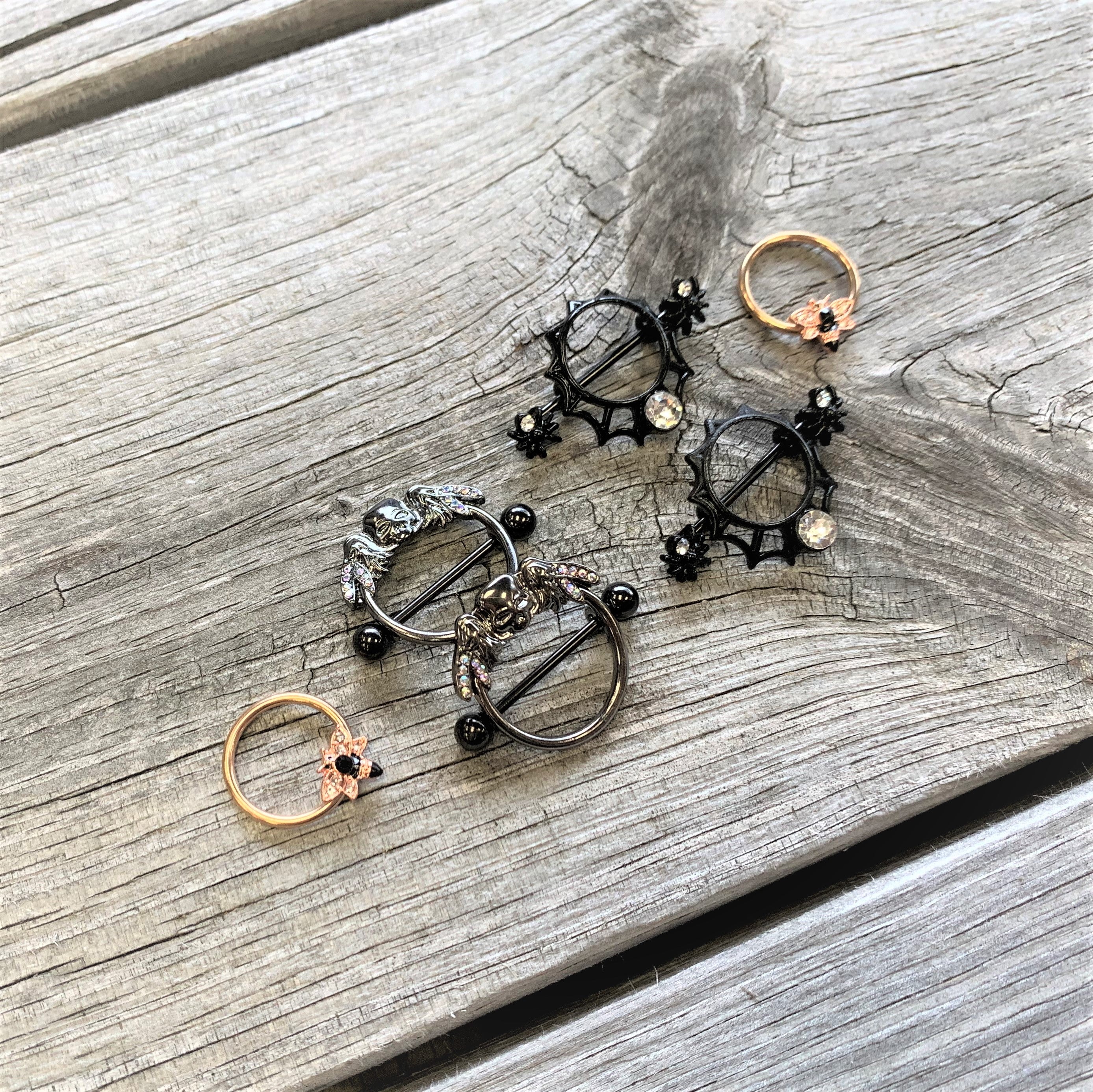 14G 7/8 Clear Gem Black Winged Skull Halloween Nipple Shield Set