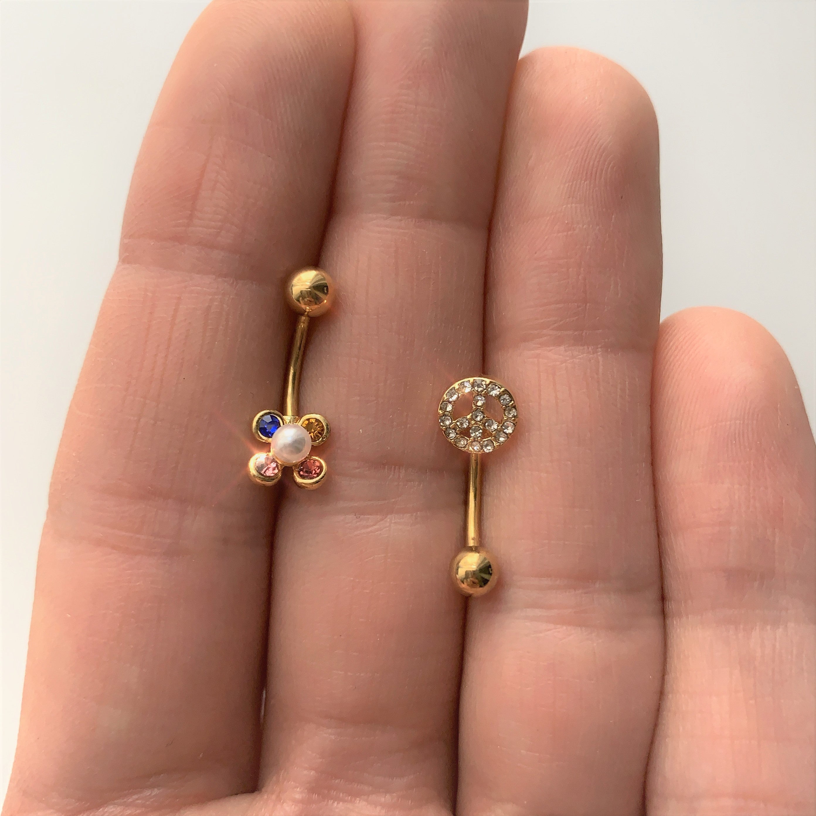 16G 5/16 Clear Gem Gold Tone Retro Peace Sign Curved Eyebrow Ring