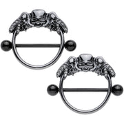 14G 7/8 Clear Gem Black Winged Skull Halloween Nipple Shield Set
