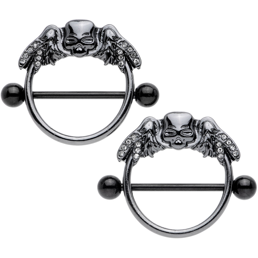 14G 7/8 Clear Gem Black Winged Skull Halloween Nipple Shield Set