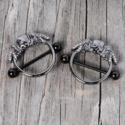 14G 7/8 Clear Gem Black Winged Skull Halloween Nipple Shield Set