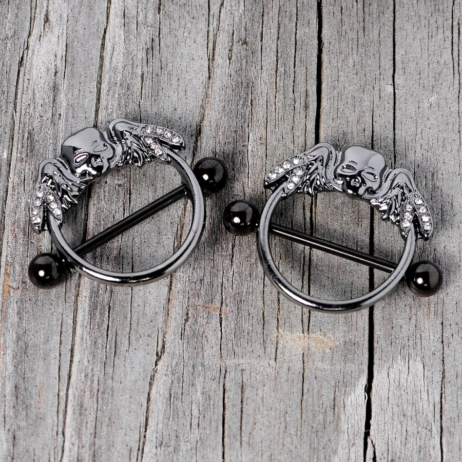 14G 7/8 Clear Gem Black Winged Skull Halloween Nipple Shield Set