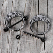 14G 7/8 Clear Gem Black Winged Skull Halloween Nipple Shield Set