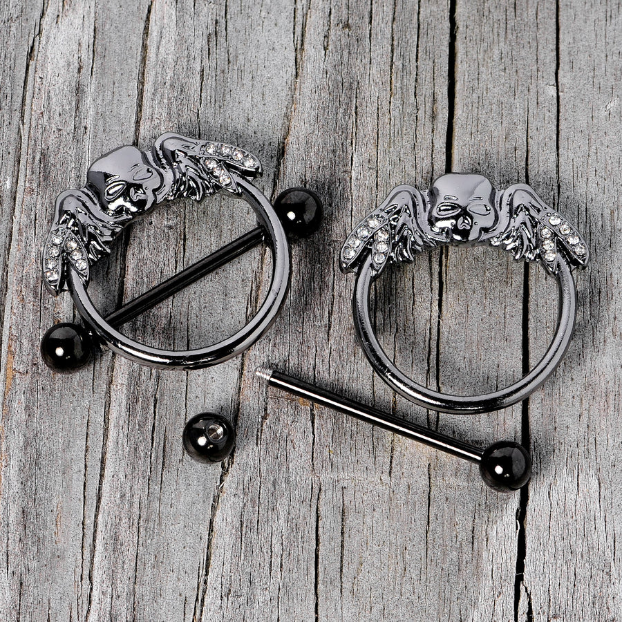 14G 7/8 Clear Gem Black Winged Skull Halloween Nipple Shield Set