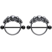 14G 7/8 Clear Gem Black Winged Skull Halloween Nipple Shield Set