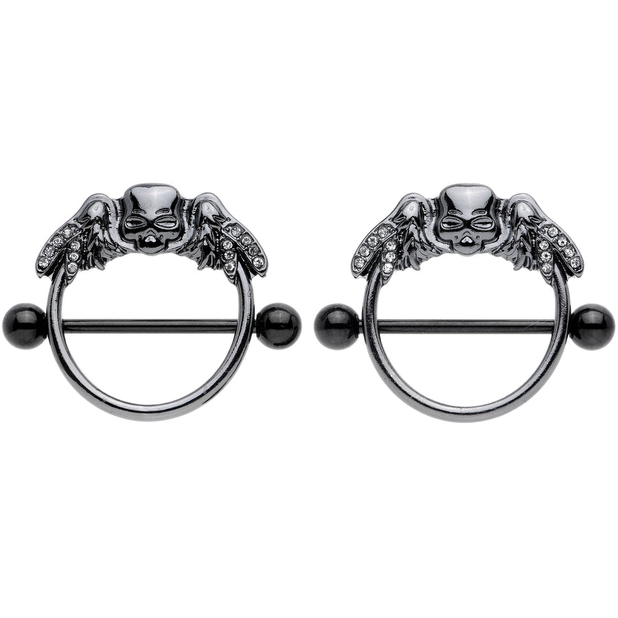 14G 7/8 Clear Gem Black Winged Skull Halloween Nipple Shield Set