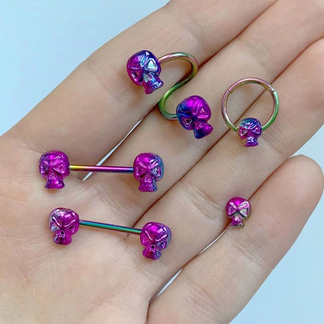 14G 9/16 Rainbow Plated Scary Skull Barbell Nipple Ring Set