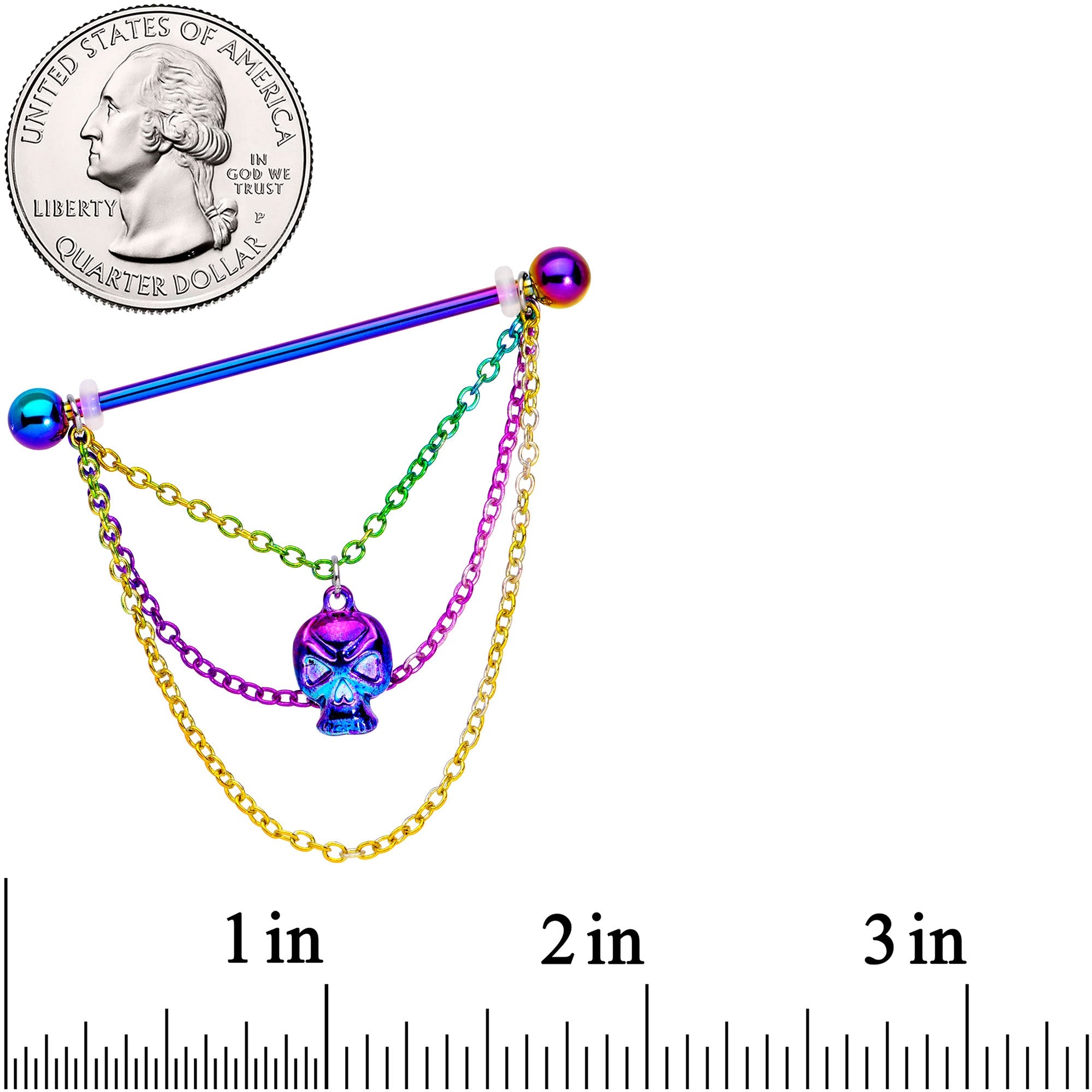14G Rainbow Scary Skull Chain Dangle Industrial Barbell 38mm