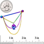 14G Rainbow Scary Skull Chain Dangle Industrial Barbell 38mm