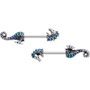 14G 9/16 Nautical Seahorse Barbell Nipple Ring Set