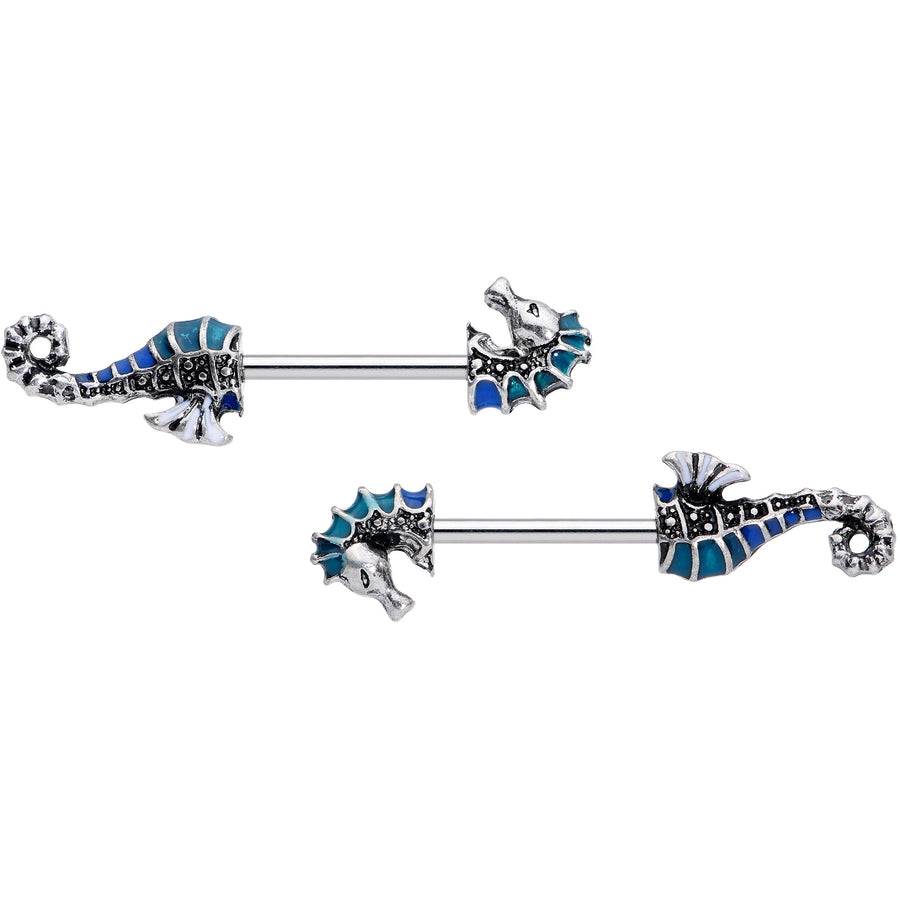 14G 9/16 Nautical Seahorse Barbell Nipple Ring Set
