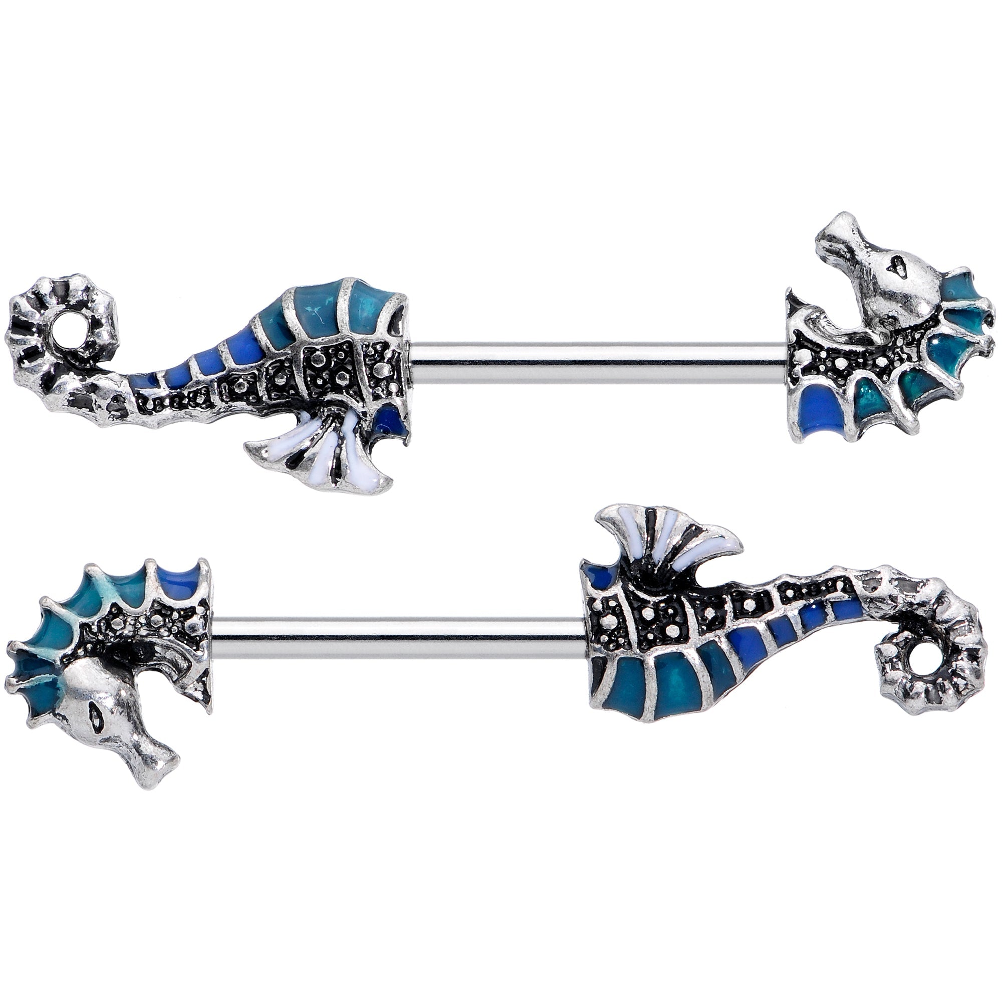 14G 9/16 Nautical Seahorse Barbell Nipple Ring Set