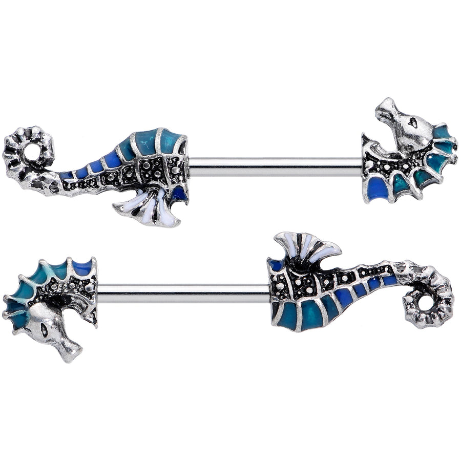 14G 9/16 Nautical Seahorse Barbell Nipple Ring Set