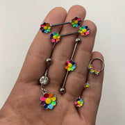 14G 5/8 Rainbow Hippie Flower Barbell Nipple Ring Set
