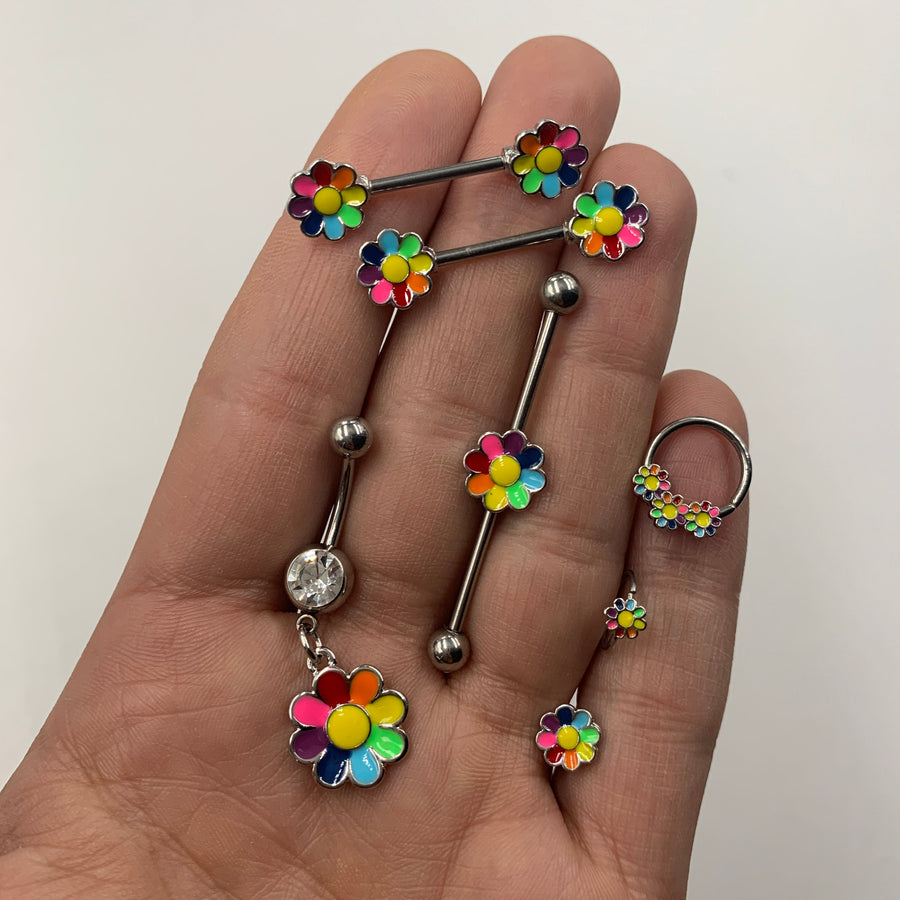 14G 5/8 Rainbow Hippie Flower Barbell Nipple Ring Set
