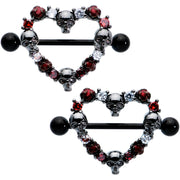14G 7/8 Red CZ Gem Black Skull Heart Halloween Nipple Shield Set