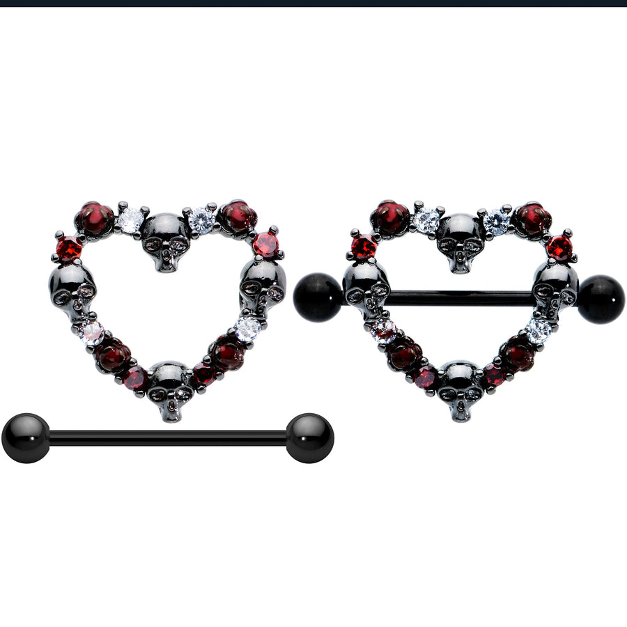 14G 7/8 Red CZ Gem Black Skull Heart Halloween Nipple Shield Set