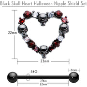14G 7/8 Red CZ Gem Black Skull Heart Halloween Nipple Shield Set