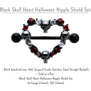14G 7/8 Red CZ Gem Black Skull Heart Halloween Nipple Shield Set