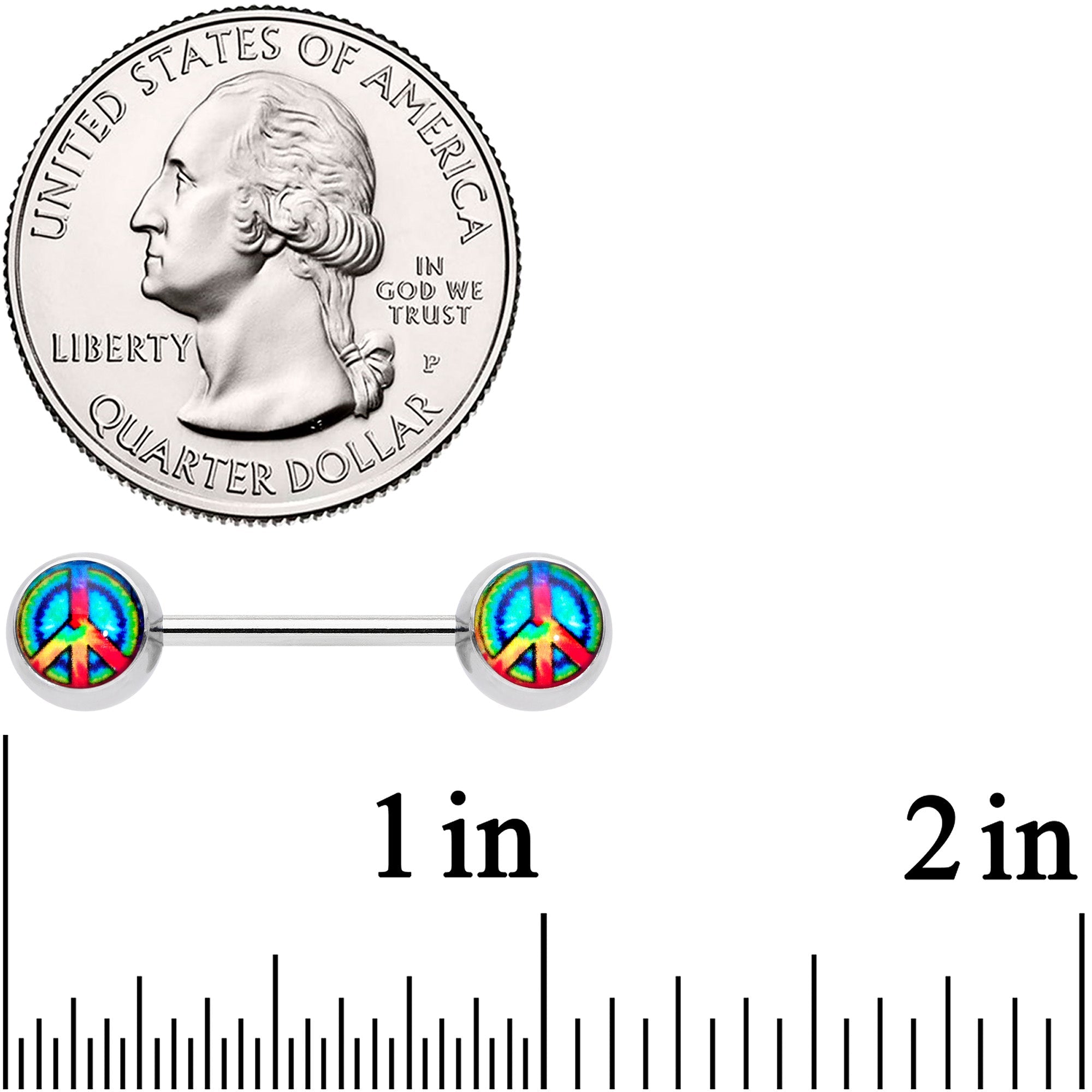 14G 9/16 Rainbow Tie Dye Peace Sign Barbell Nipple Ring Set